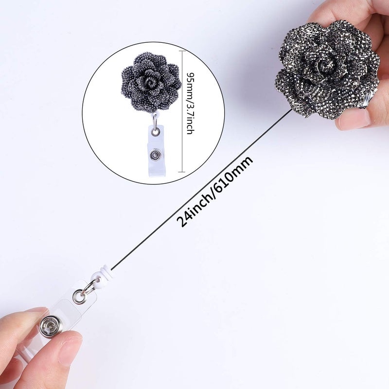 Soleebee 24'' Retractable Badge Reel, Glitter Rose Nurse ID Badge Holder Reel with 360Â° Swivel Alligator Clip - Gray - Image 3